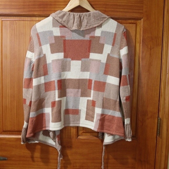 Wildroot Retro Ruffle Vintage Cardigan Sweater LG Shades of Brown Geometric - Picture 8 of 13